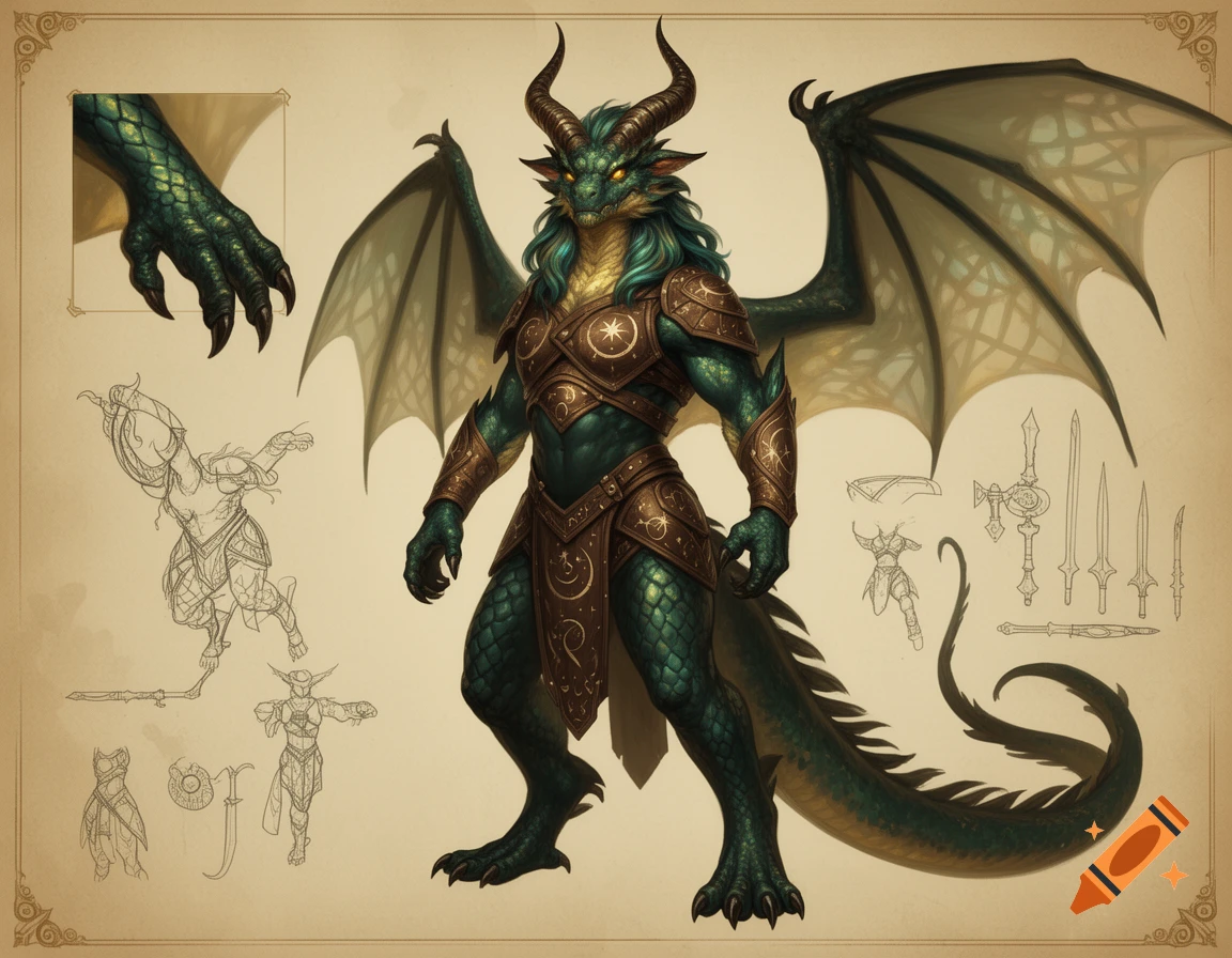 A detailed character sheet for a green dragon humanoid warrior with horns and wings, wearing bronze armor, surrounded by line art sketches of poses and weapons.