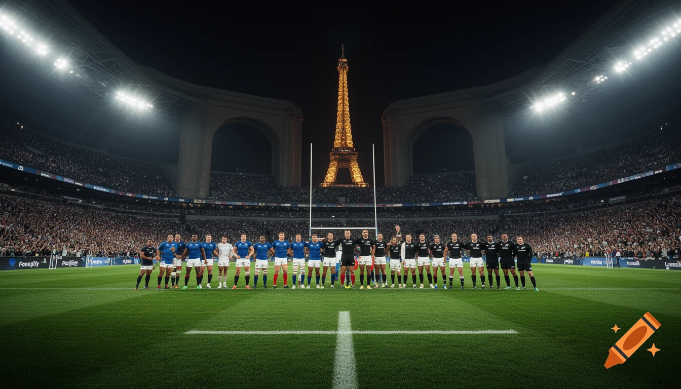 A night view of a rugby stadium with two teams of players standing on the field. The Eiffel Tower is visible in the background, illuminated, above the goalposts.