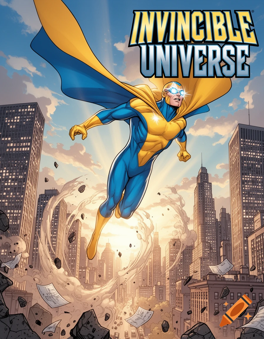A blue and yellow superhero flies over a city skyline in a comic book cover style, with the title 'Invincible Universe'.