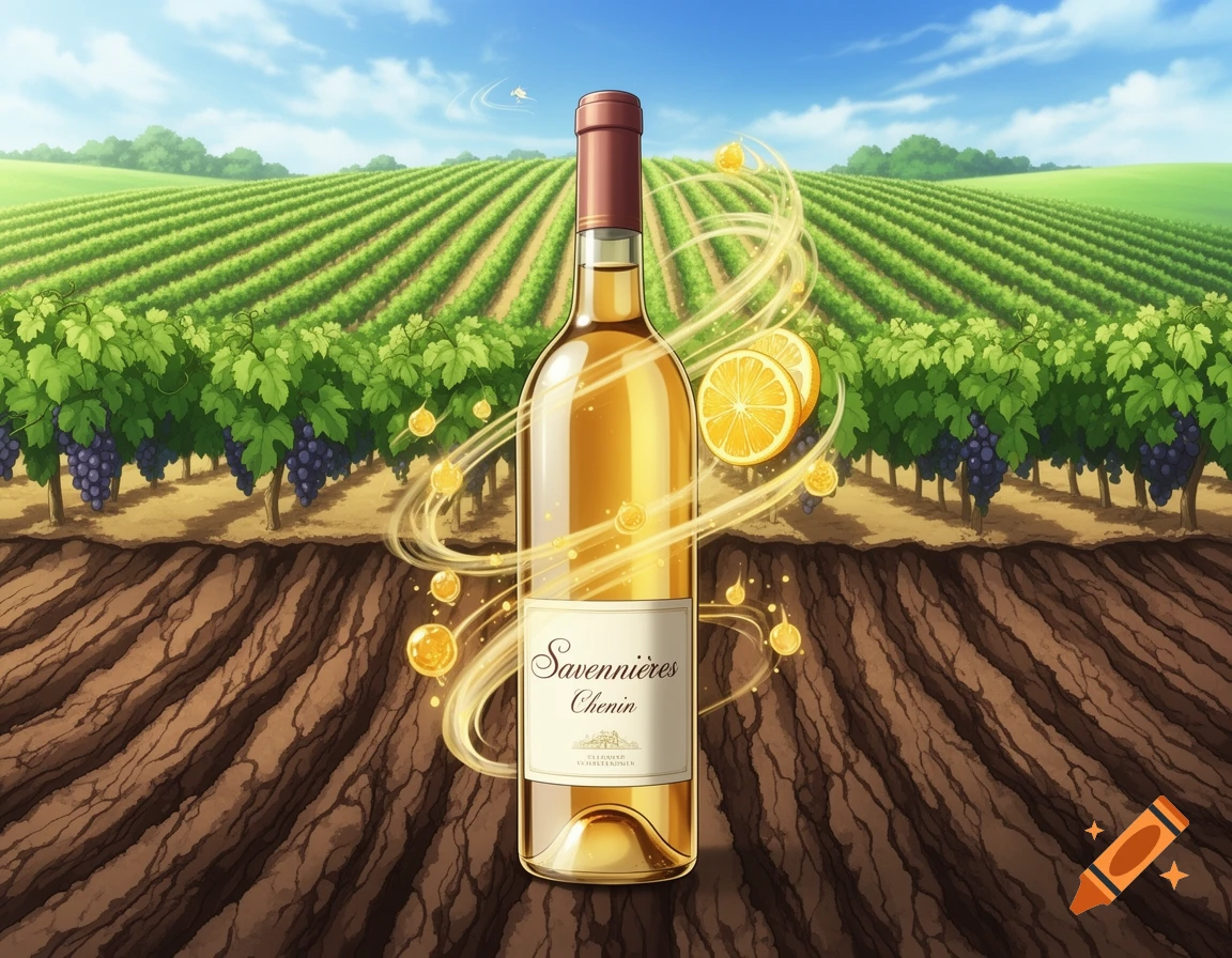 Anime-style illustration of a golden wine bottle with lemon slices and swirls, set in a vineyard with exposed soil.