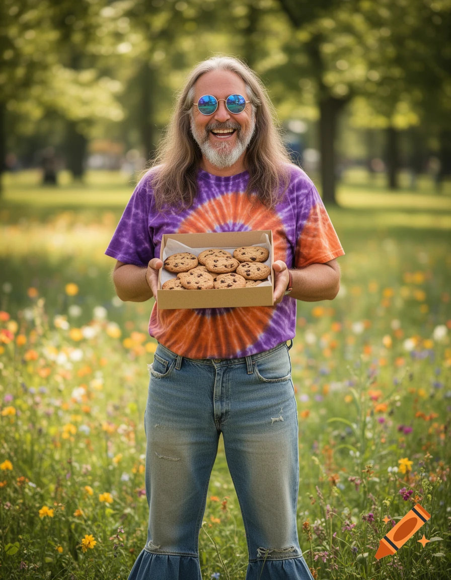 A smiling long-haired man with a beard and round sunglasses, wearing a tie-dye shirt, stands in a field of wildflowers holding a box of chocolate chip cookies.