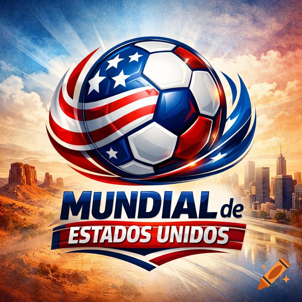 Dynamic logo of a soccer ball with US flag design, text 'MUNDIAL de ESTADOS UNIDOS', above a split desert and city skyline.