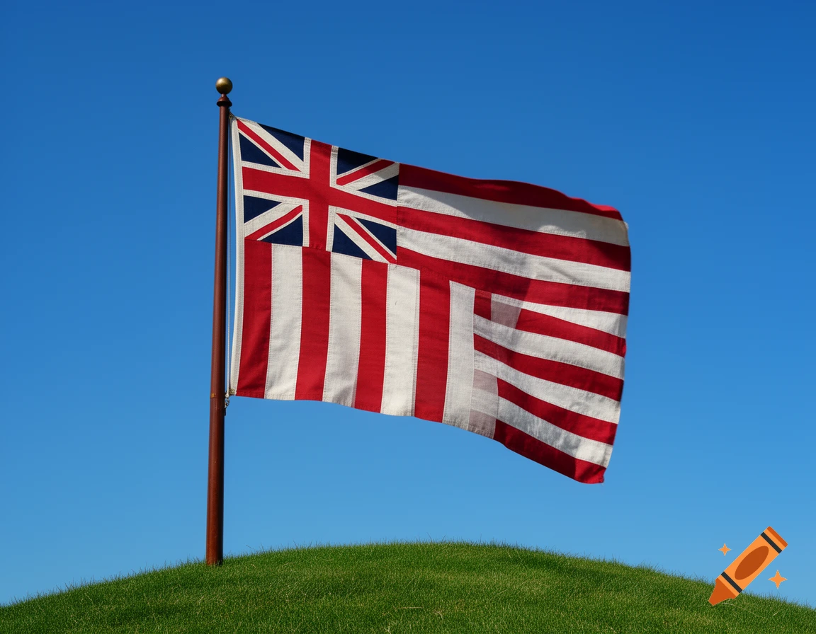 The Grand Union Flag (1775) with the British Union Jack and red and white stripes, flying on a pole over a green hill under a clear blue sky.