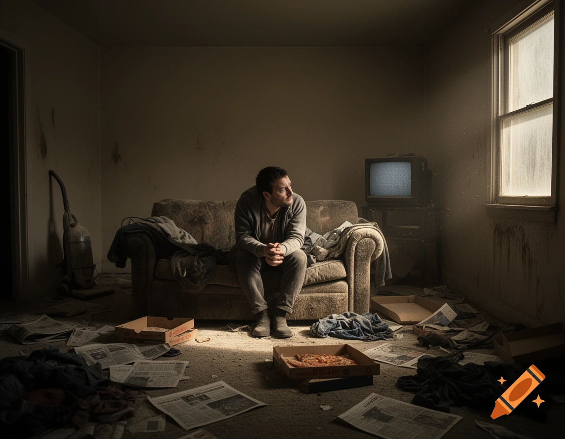 A man sits alone on a worn sofa in a dimly lit, dirty, and cluttered room, looking out a window.