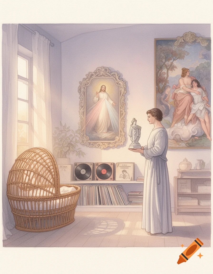 Watercolor pastel image of a woman in a long white dress holding a statue, next to a wicker crib and religious paintings.