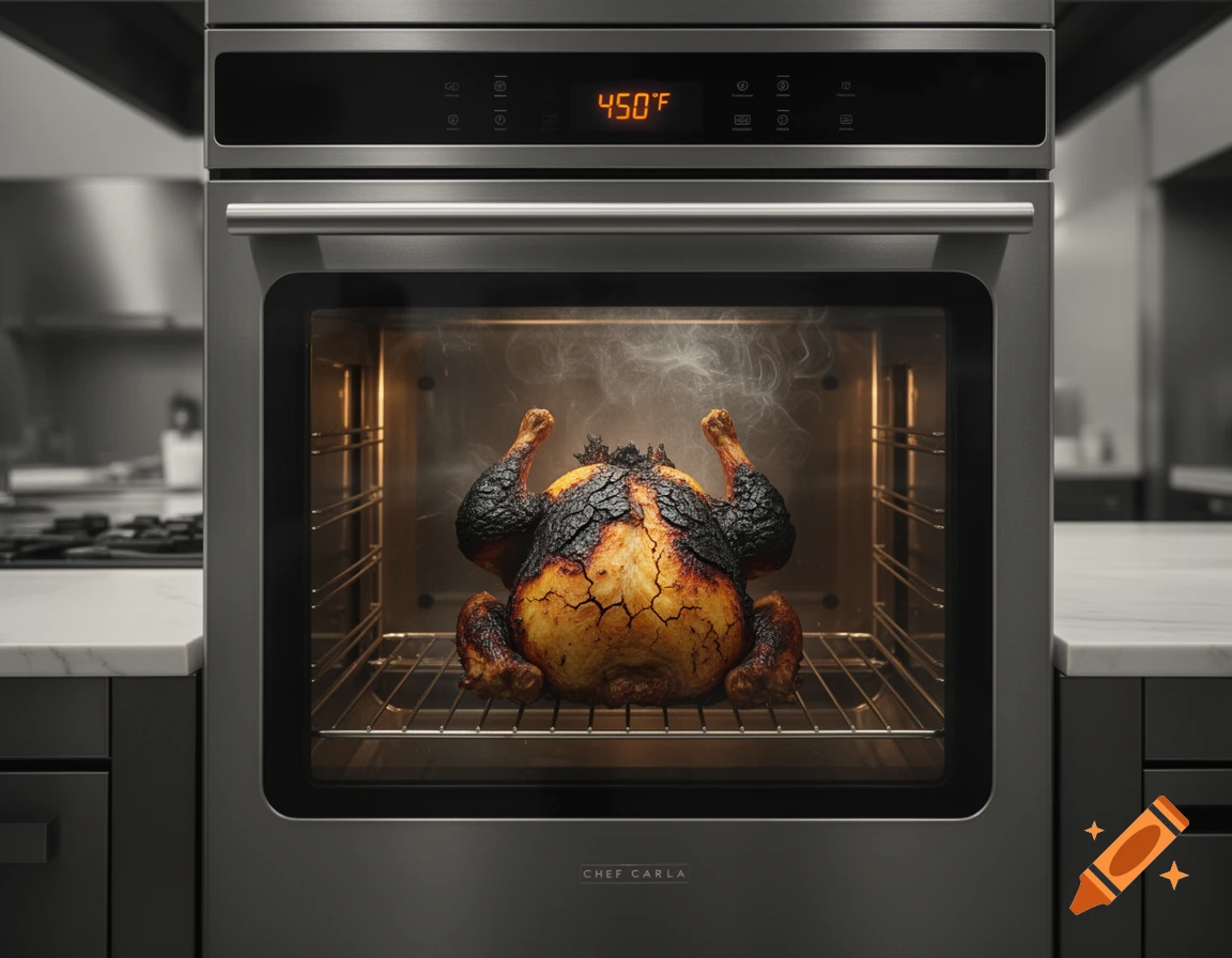 A severely burnt rooster rests on a rack inside a modern stainless steel oven with the temperature 4500F displayed.
