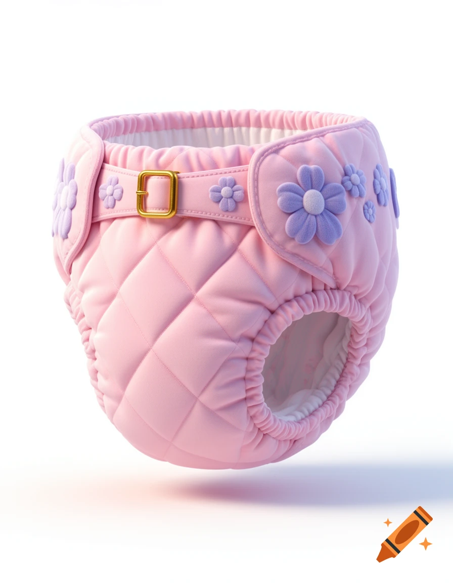 A soft, pink quilted diaper with purple flower decorations and a gold buckle on a strap.