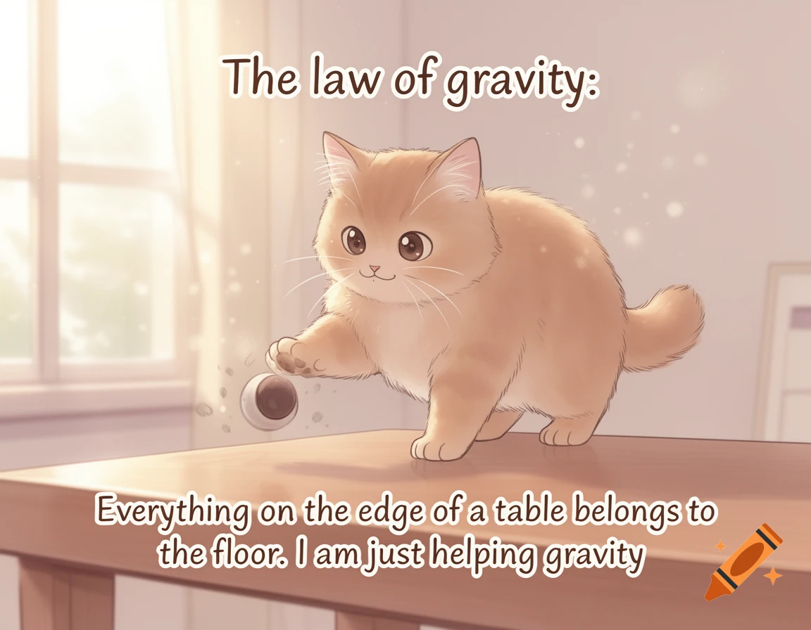 Manga illustration of a fluffy orange cat pushing a small object off a table, captioned with a cat's 'law of gravity'.
