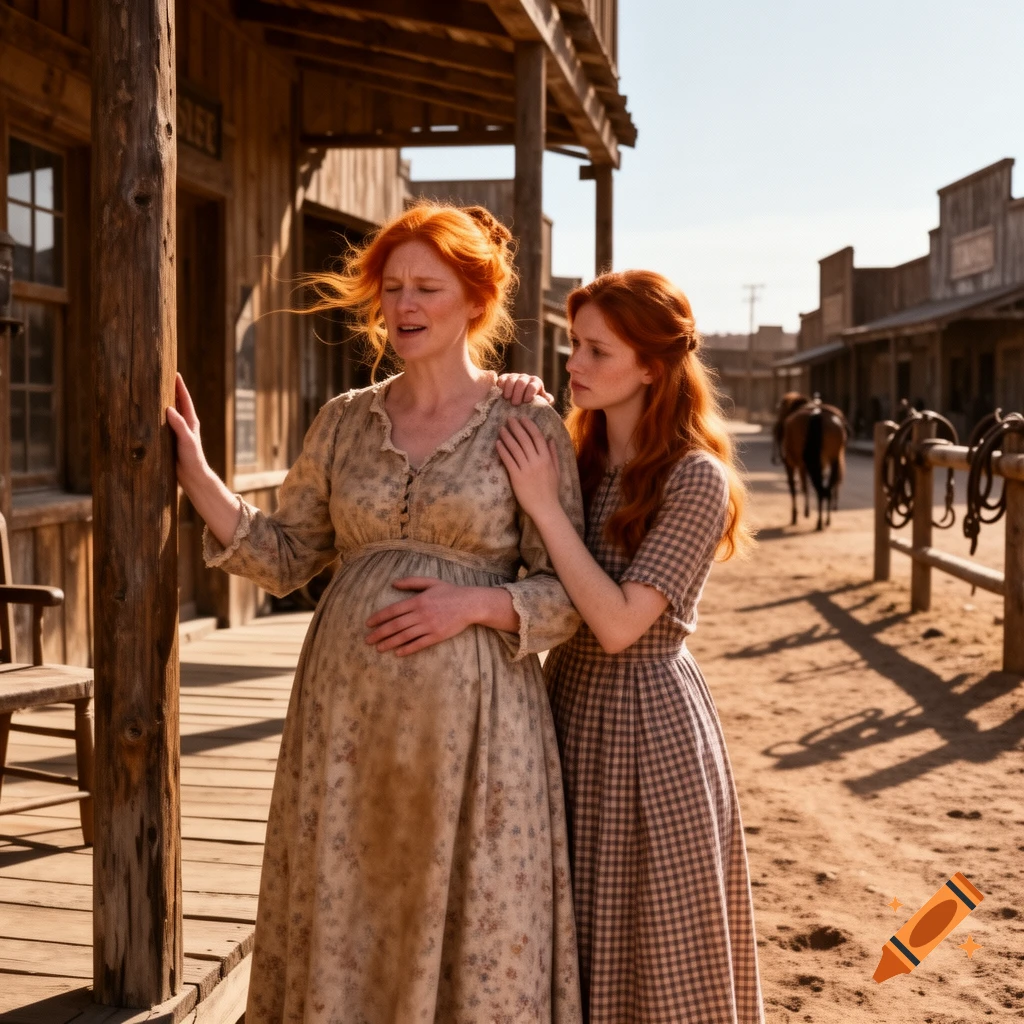 A pregnant woman, appearing to be in labor, stands leaning on a wooden post in a dusty Wild West town, comforted by her daughter.