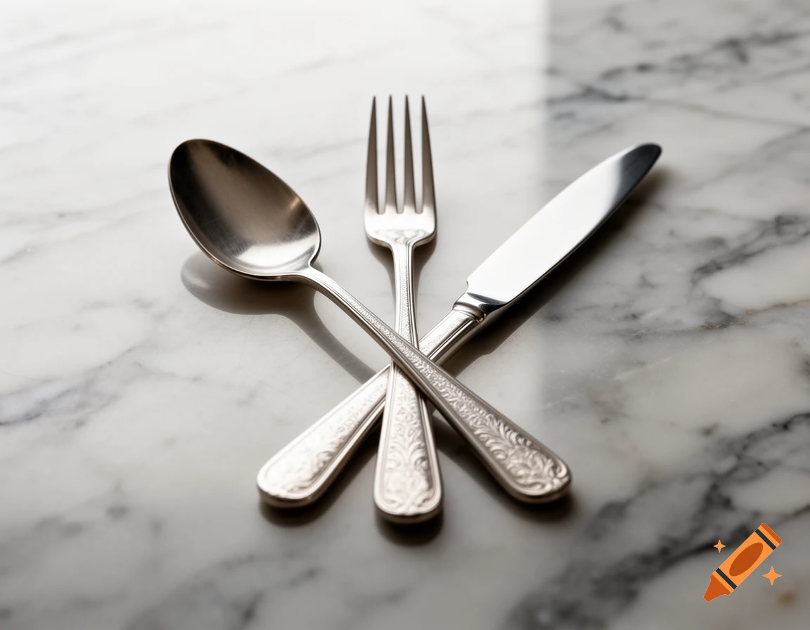 A silver spoon, fork, and knife are neatly arranged and crossed on a white marble surface.