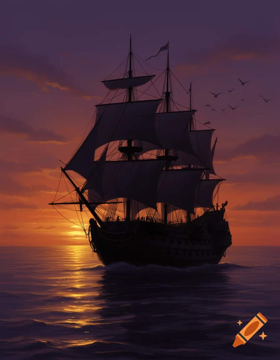 A black silhouette of a 17th-century frigate sails on the ocean during a vibrant orange and purple sunset.