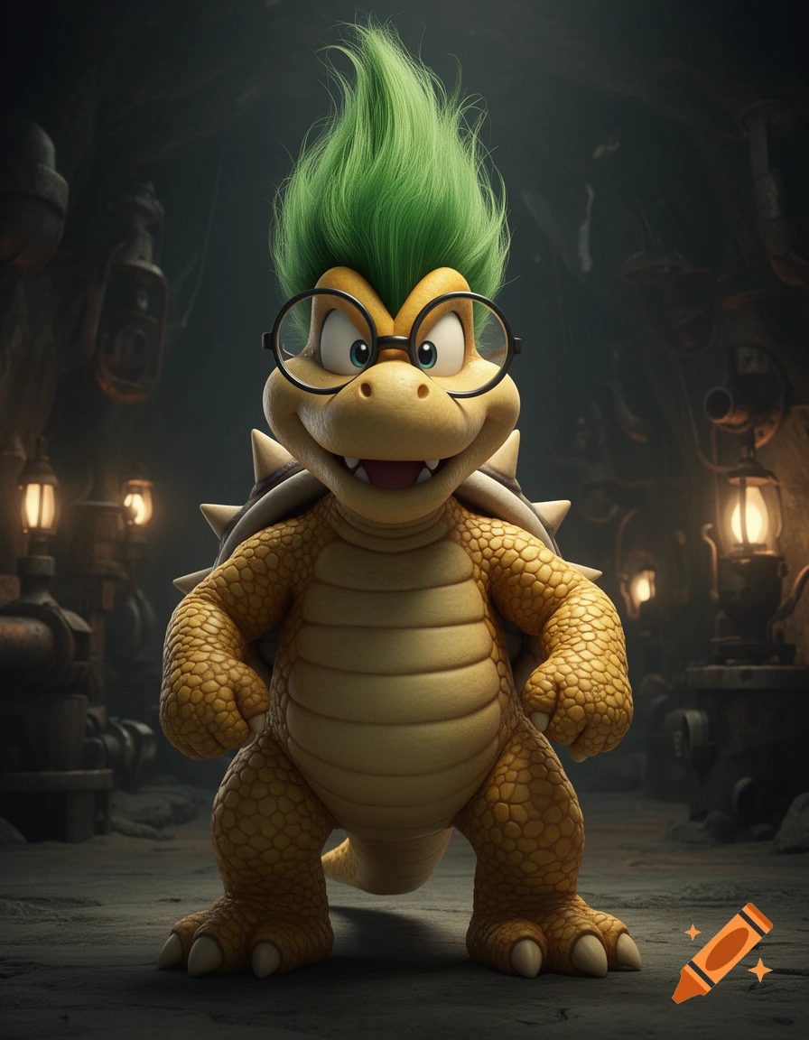 Realistic Iggy Koopa from Mario, a yellow reptilian creature with green spiky hair and glasses, standing in a dark, industrial setting.