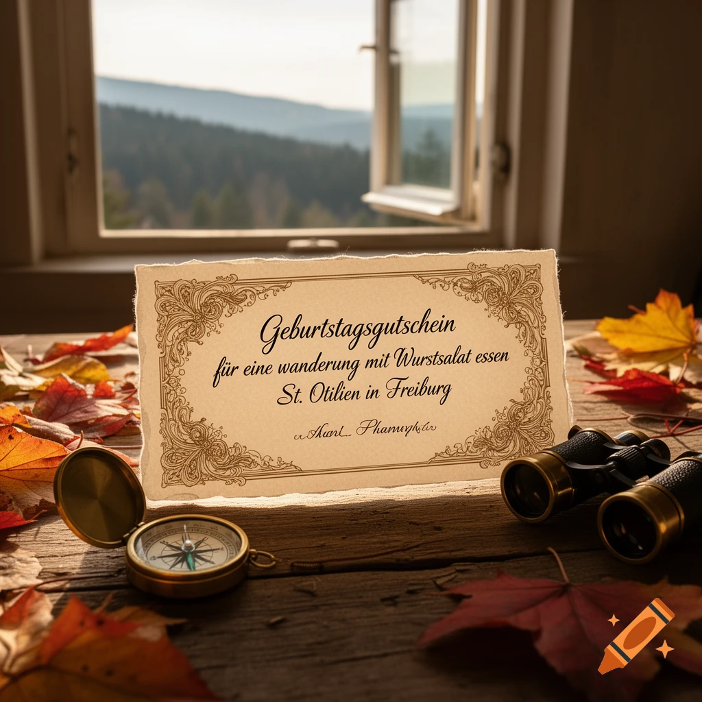 A rustic wooden table with a vintage-style birthday voucher, a compass, binoculars, and scattered autumn leaves, set against a blurred background of an open window overlooking a forested landscape.
