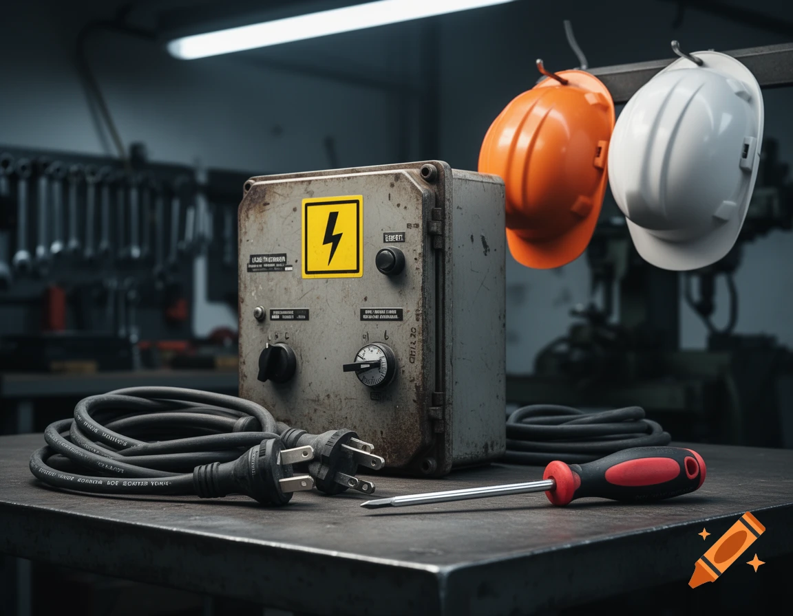Photorealistic image of an electrical box with a lightning bolt symbol, power cords, a screwdriver, and two hard hats in a workshop setting.