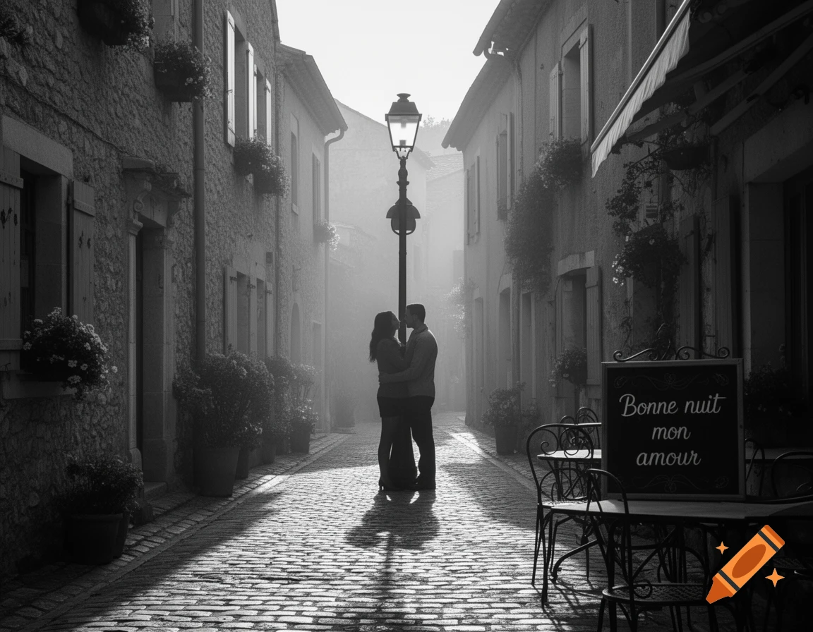 A romantic couple kisses under a street lamp on a cobblestone alley in a misty black and white village.