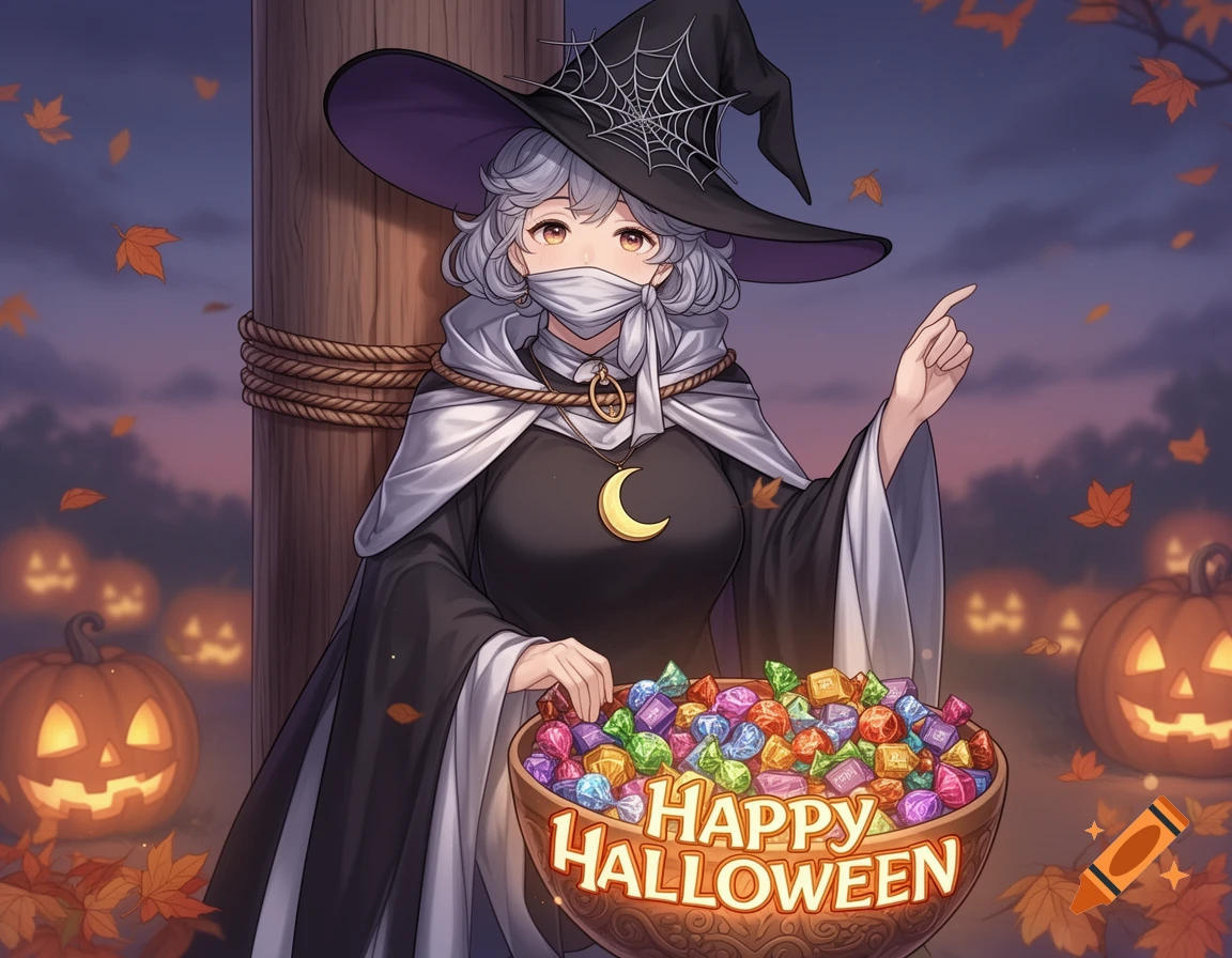 Anime witch tied to a post, holding a 'Happy Halloween' candy bowl, with jack-o'-lanterns in a fantasy art style.