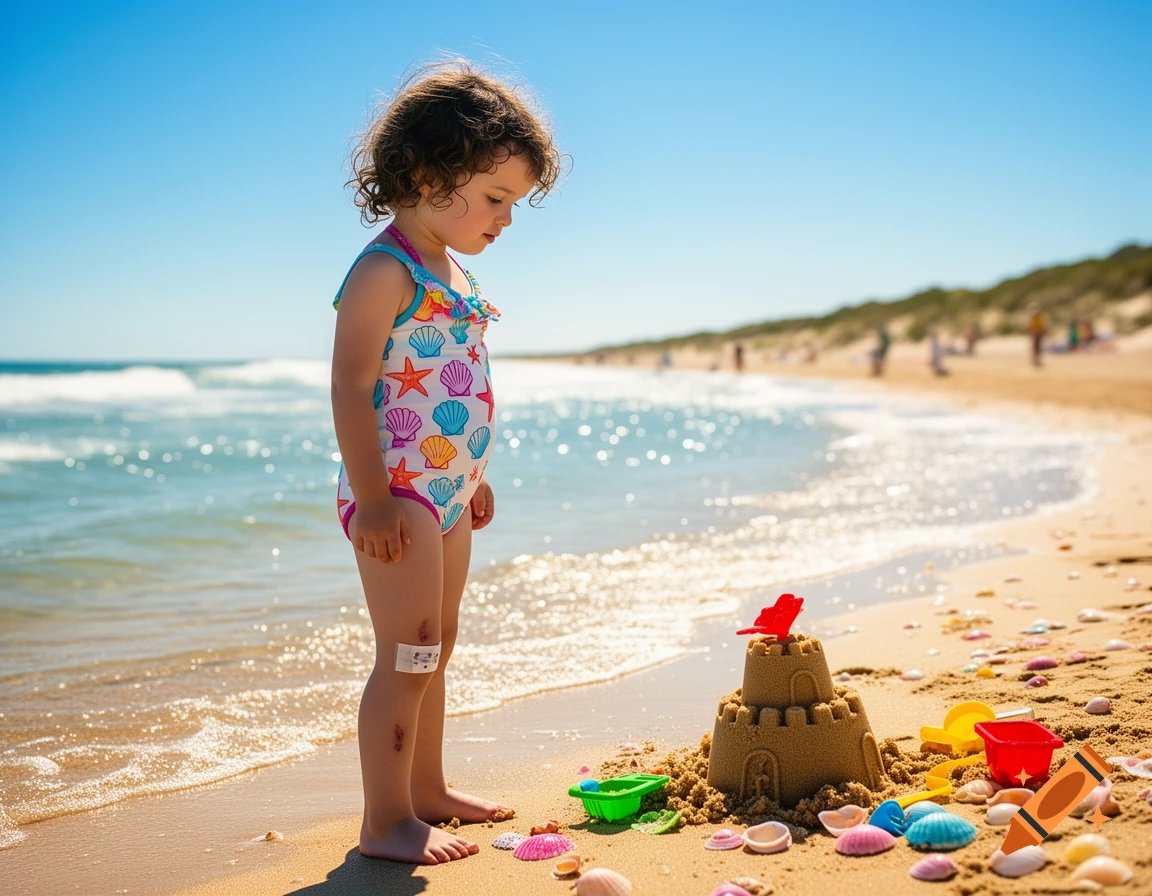 A young girl in a seashell swimsuit plays with a sandcastle on a sunny beach, with ocean waves in the background.
