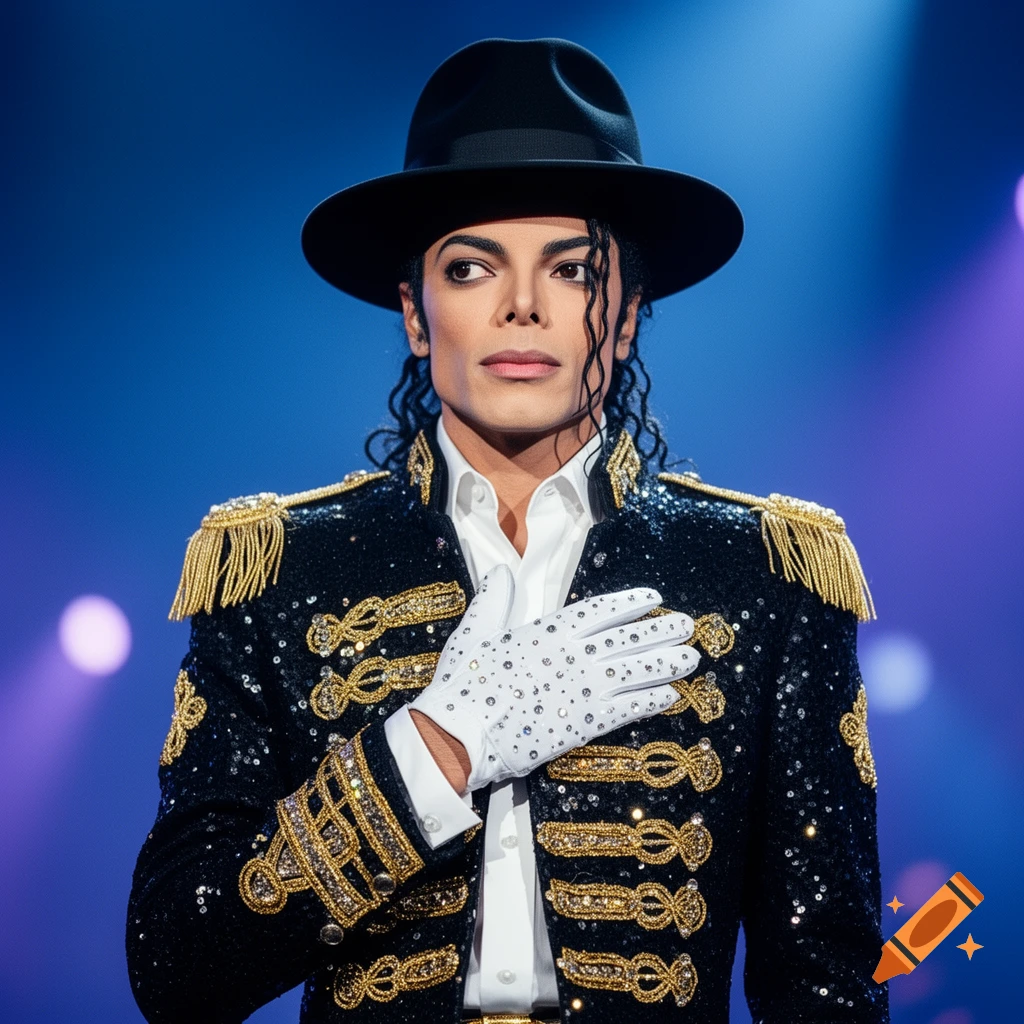 Photorealistic image of Michael Jackson wearing a black fedora, a sequined military-style jacket, and a jeweled white glove, hand on chest, on a stage.