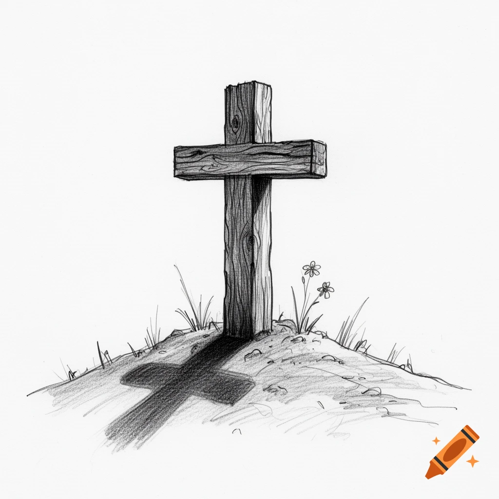 A black and white sketch of a weathered wooden cross on a grassy mound, with a long shadow and small flowers.