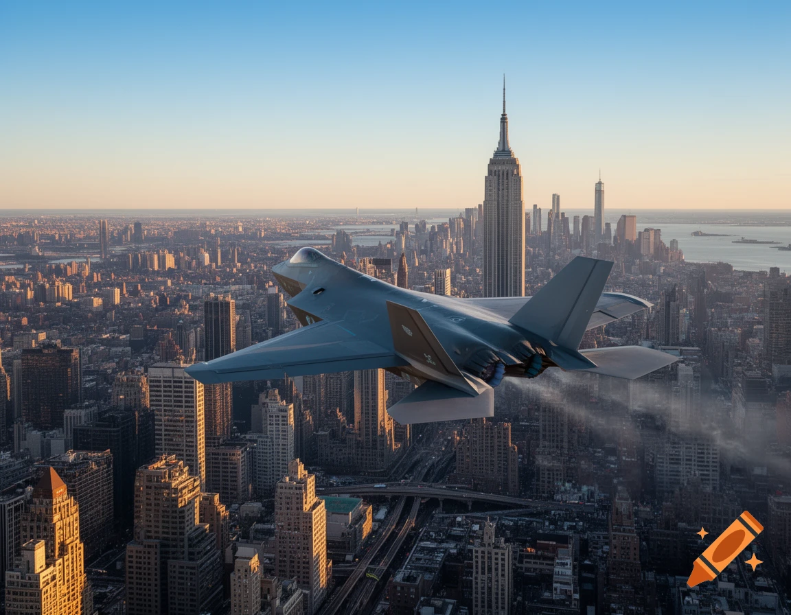 A grey fighter jet flies over the New York City skyline, with the Empire State Building prominent, under a clear sky.