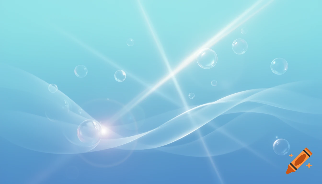 An abstract Frutiger Aero background with a blue gradient, glowing light rays, clear bubbles, and subtle wave patterns.