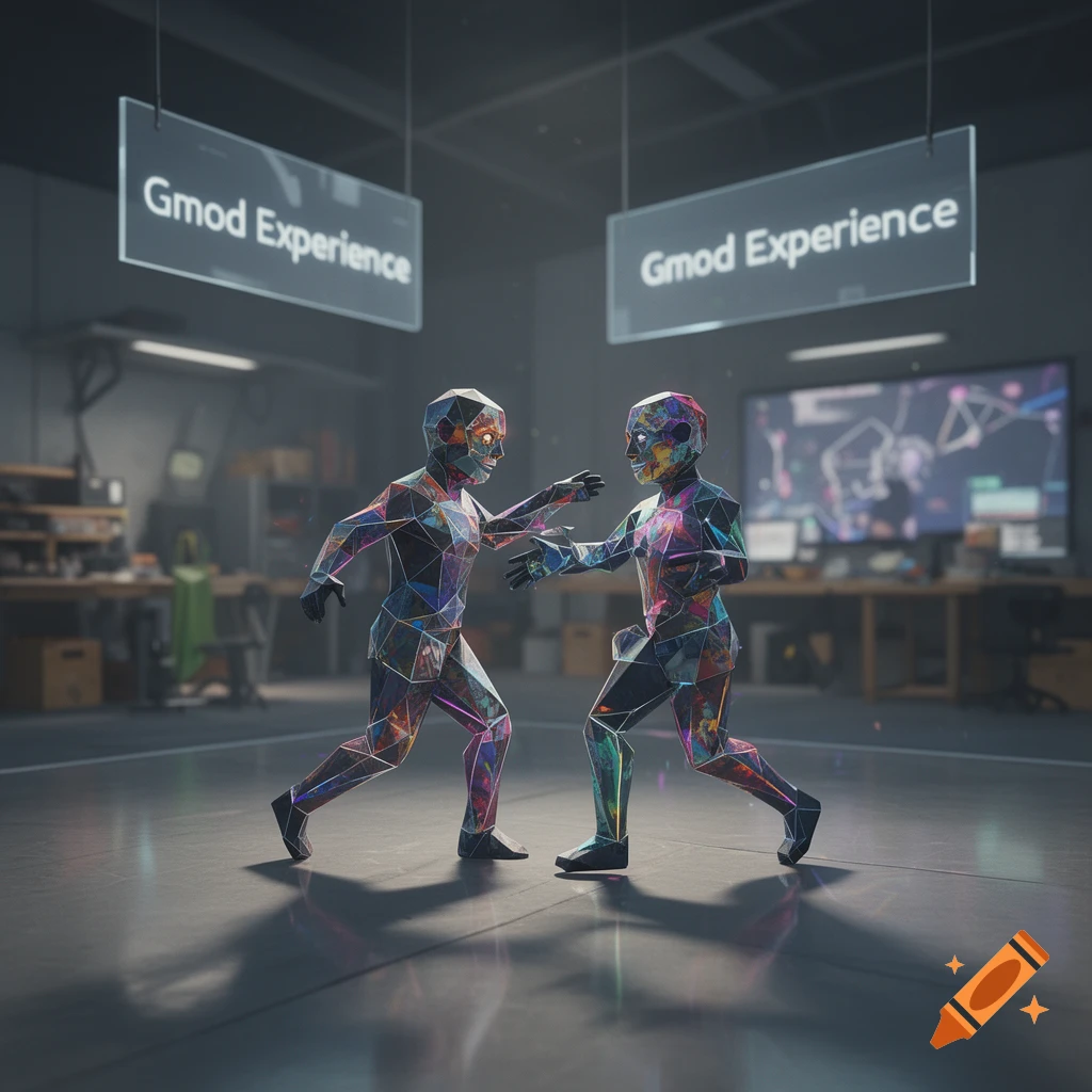Two colorful, geometric low-poly humanoid figures interact in a dimly lit workshop under signs reading 'Gmod Experience'.