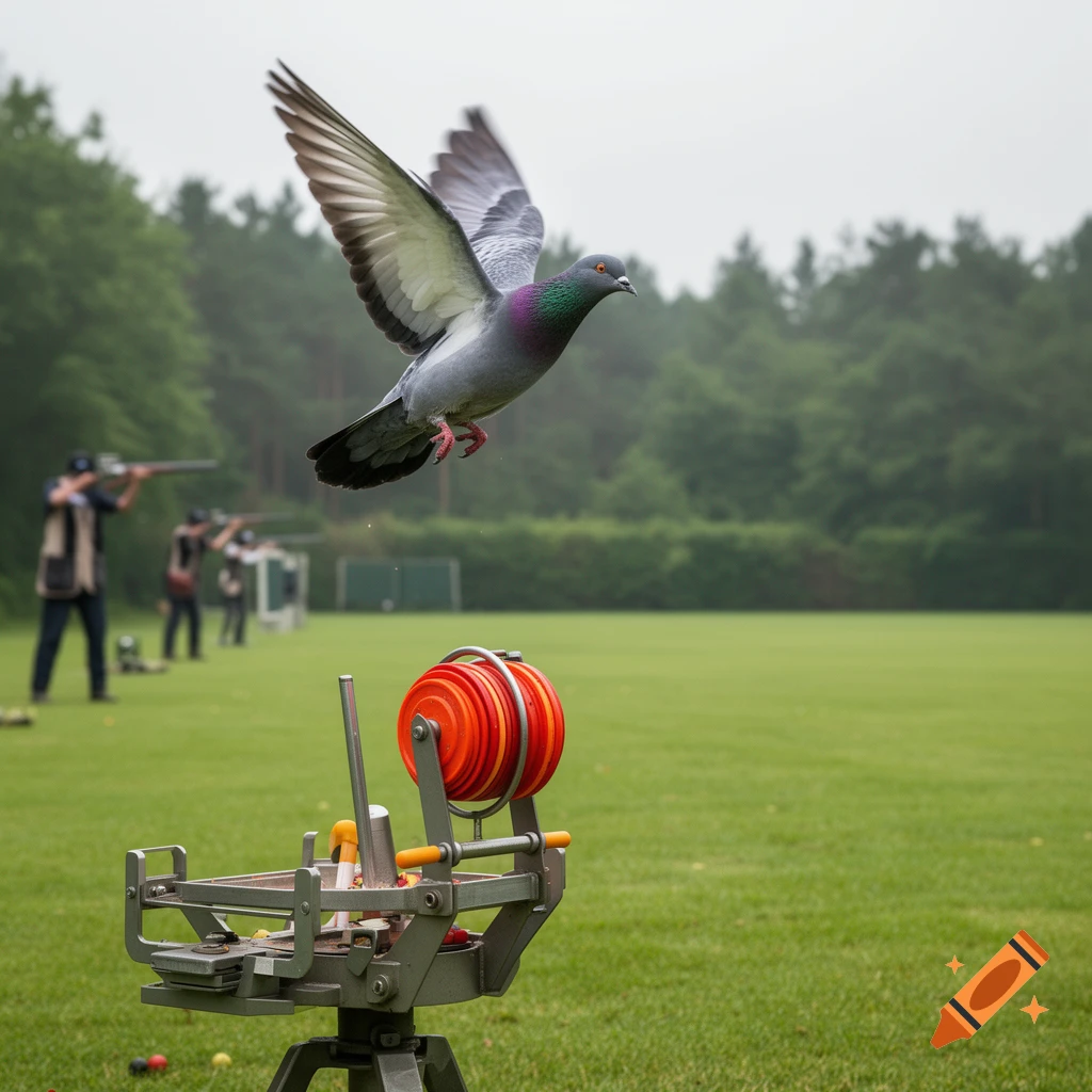 A photorealistic image of a pigeon flying above a clay pigeon trap launcher with blurred shooters in the background.