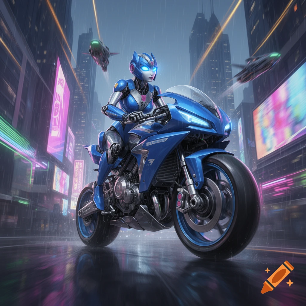 A blue and silver robot character, Arcee, rides a blue sport motorcycle through a rainy, neon-lit cyberpunk city.