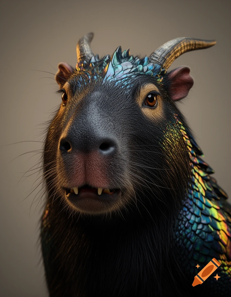 Close-up portrait of a dark-furred capybara-dragon hybrid with iridescent blue-green scales, horns, and prominent teeth, against a neutral background.