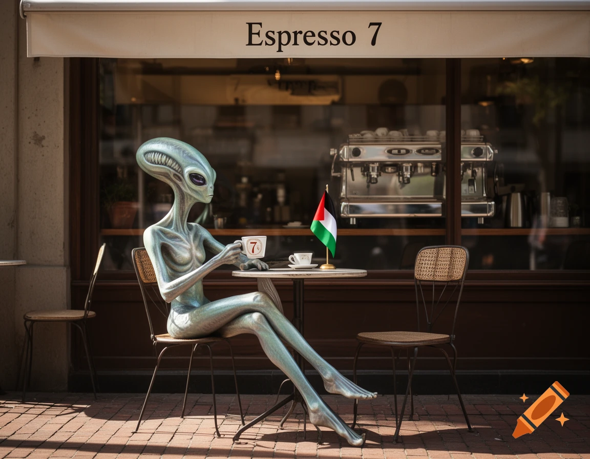 A grey alien drinks coffee at an outdoor cafe with 'Espresso 7' on the awning and a small Palestine flag on the table, photorealistic.