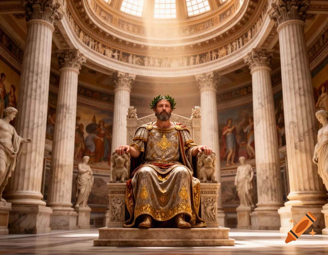 A bearded Roman emperor in ornate robes and a laurel wreath sits on a lion-flanked throne in a grand, sunlit ancient temple.