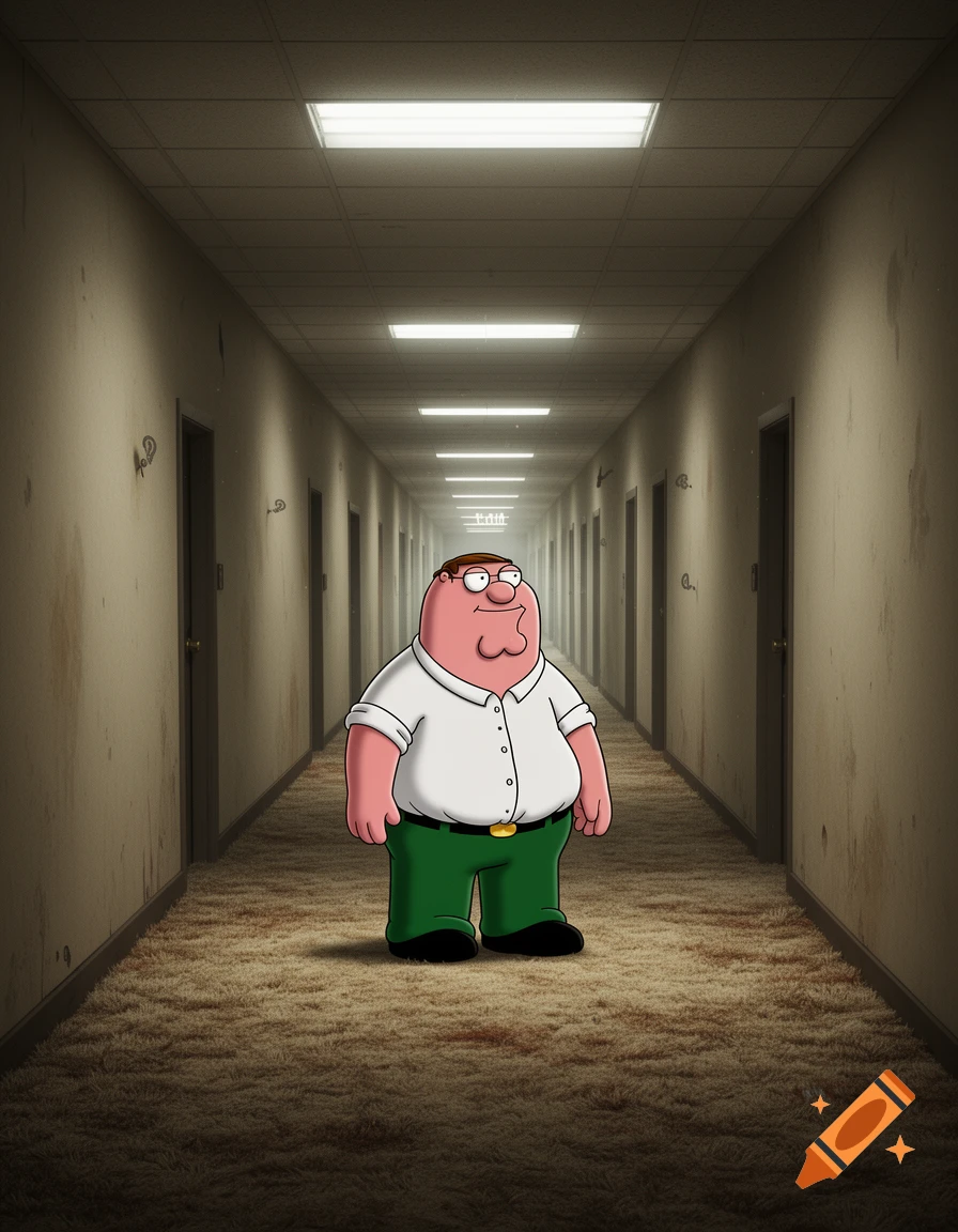 Peter Griffin from Family Guy stands in a long, dimly lit, carpeted hallway with many doors, resembling the 'backrooms' meme.