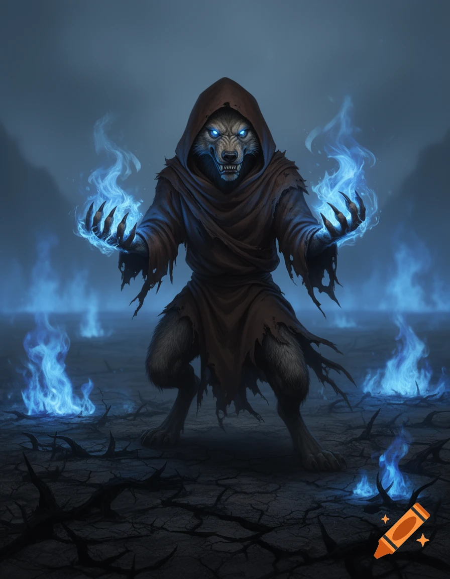 A hooded, wolf-like creature with glowing blue eyes conjures blue fire in a desolate, cracked landscape.