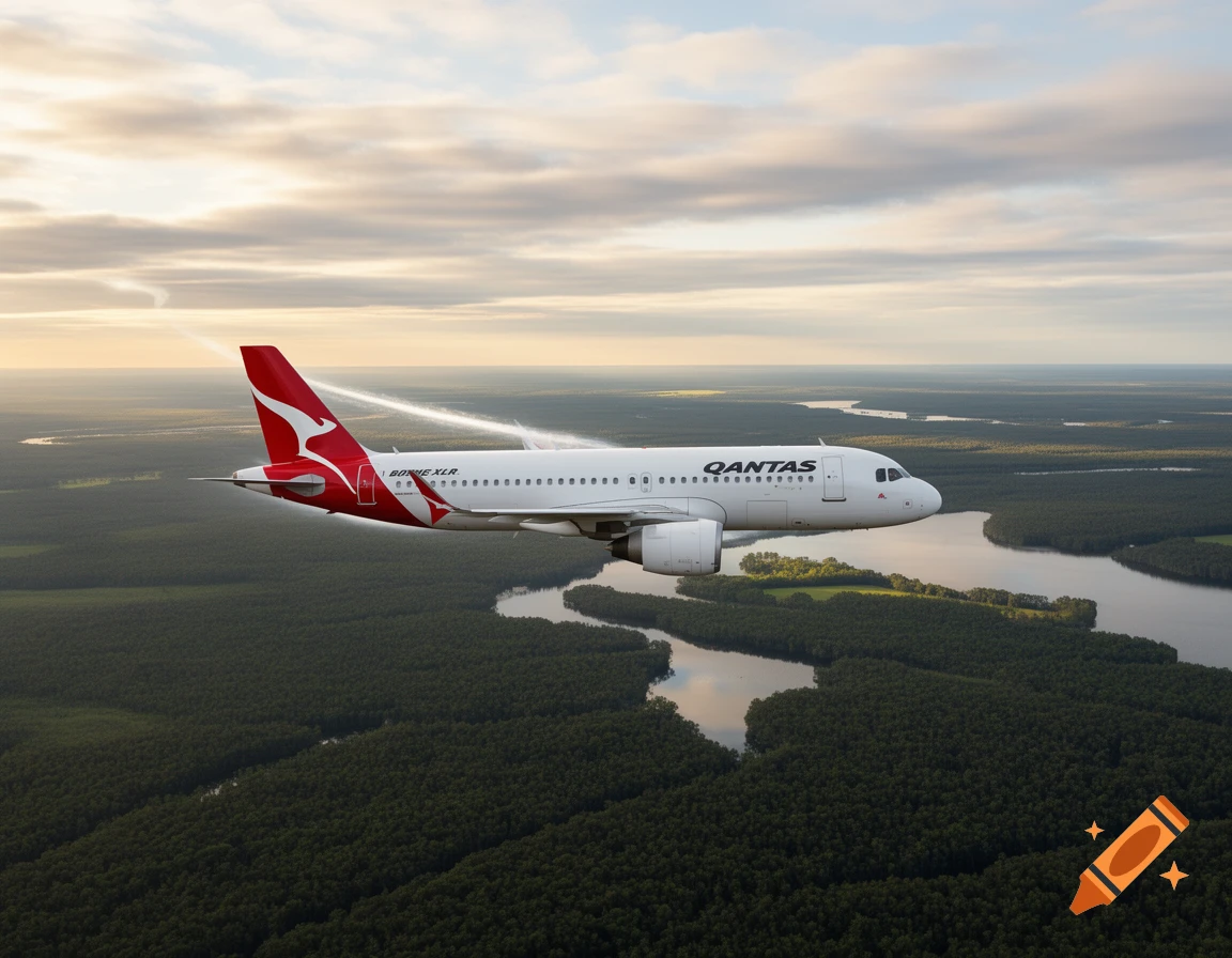 Photorealistic image of a white Qantas passenger plane with a red tail flying over a vast green forest with a winding river under a cloudy sky.
