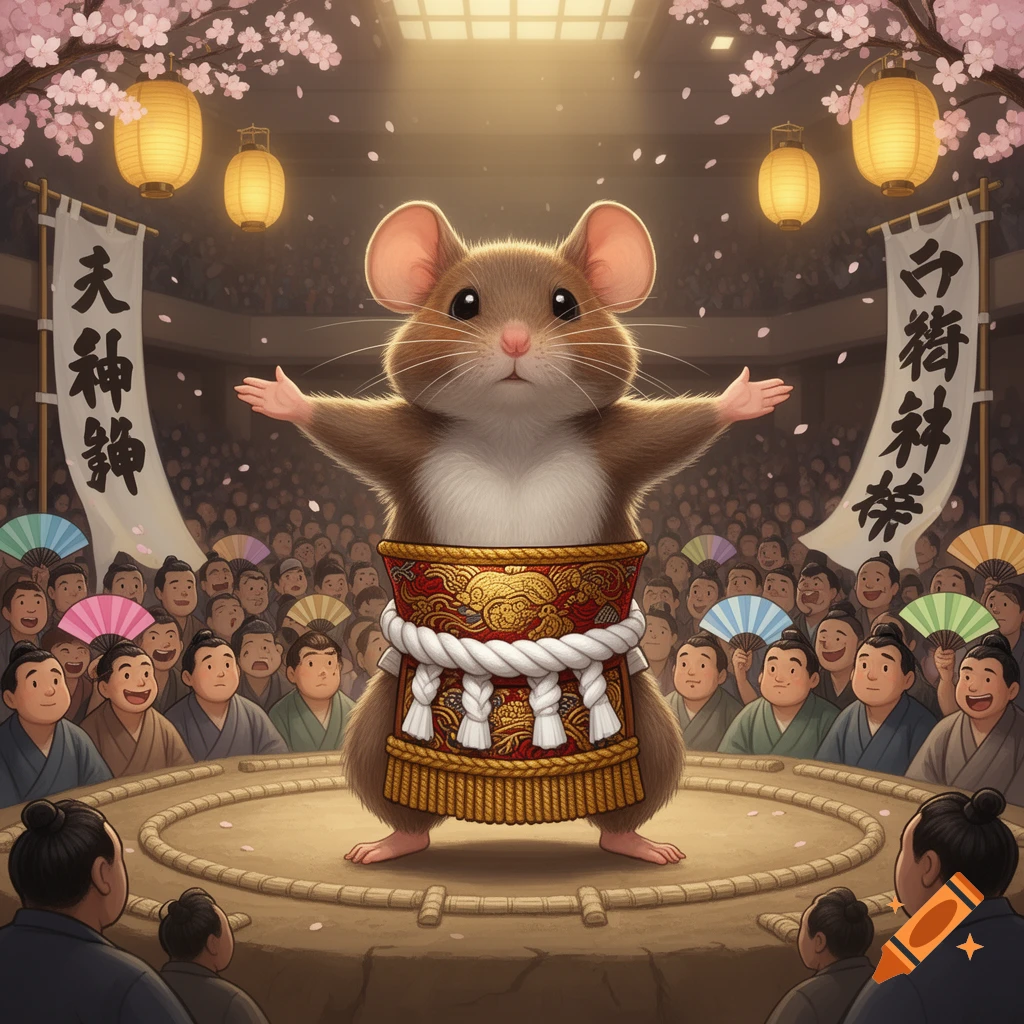 A cute mouse dressed as a sumo wrestler with a decorated mawashi stands in a sumo ring with arms outstretched, facing a cheering crowd under cherry blossoms and lanterns, in a detailed cartoon style.