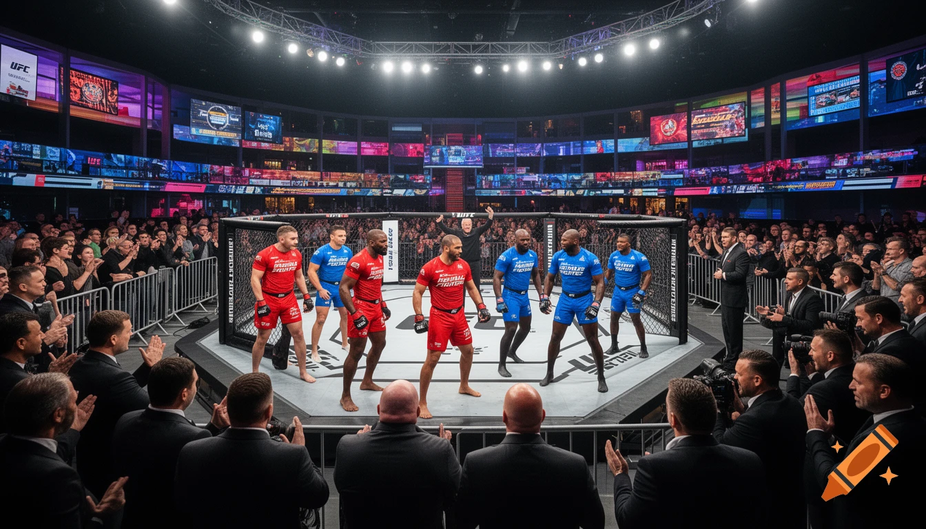 A wide shot of an MMA event, with two teams of fighters in red and blue jerseys lining up inside an octagon ring, surrounded by a large cheering crowd and bright stadium lights. A referee stands between the teams.