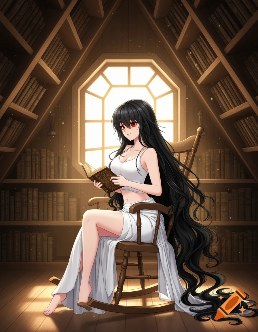 An anime-style woman with long black hair and red eyes sits in a rocking chair, reading a book in a cozy attic library with a bright window.