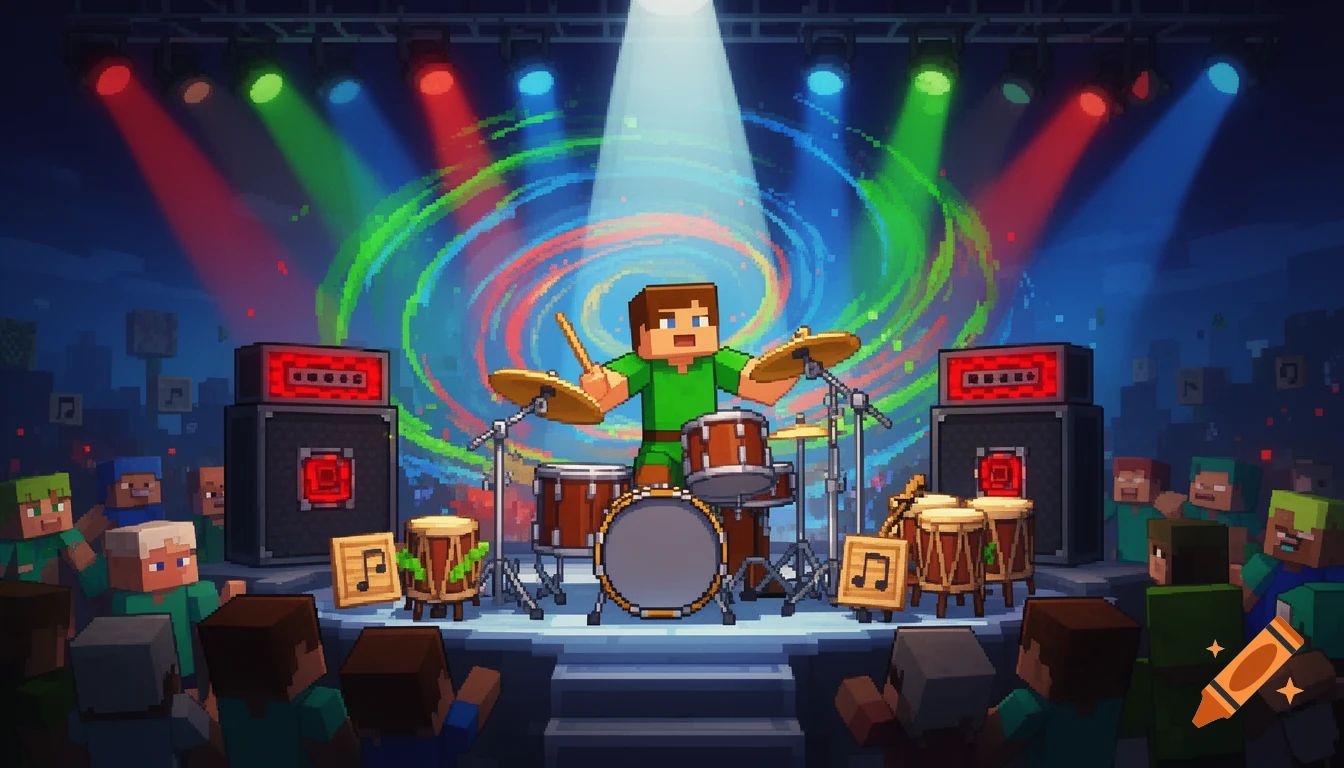 Alex from Minecraft plays drums on a brightly lit concert stage with a pixelated crowd, in a vibrant pixel art style.