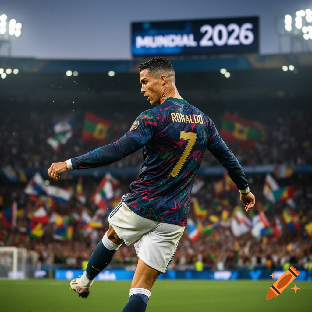 Cristiano Ronaldo in a dark patterned jersey with "RONALDO 7" on the back, kicking a ball in a packed soccer stadium with "MUNDIAL 2026" on the scoreboard, photorealistic.