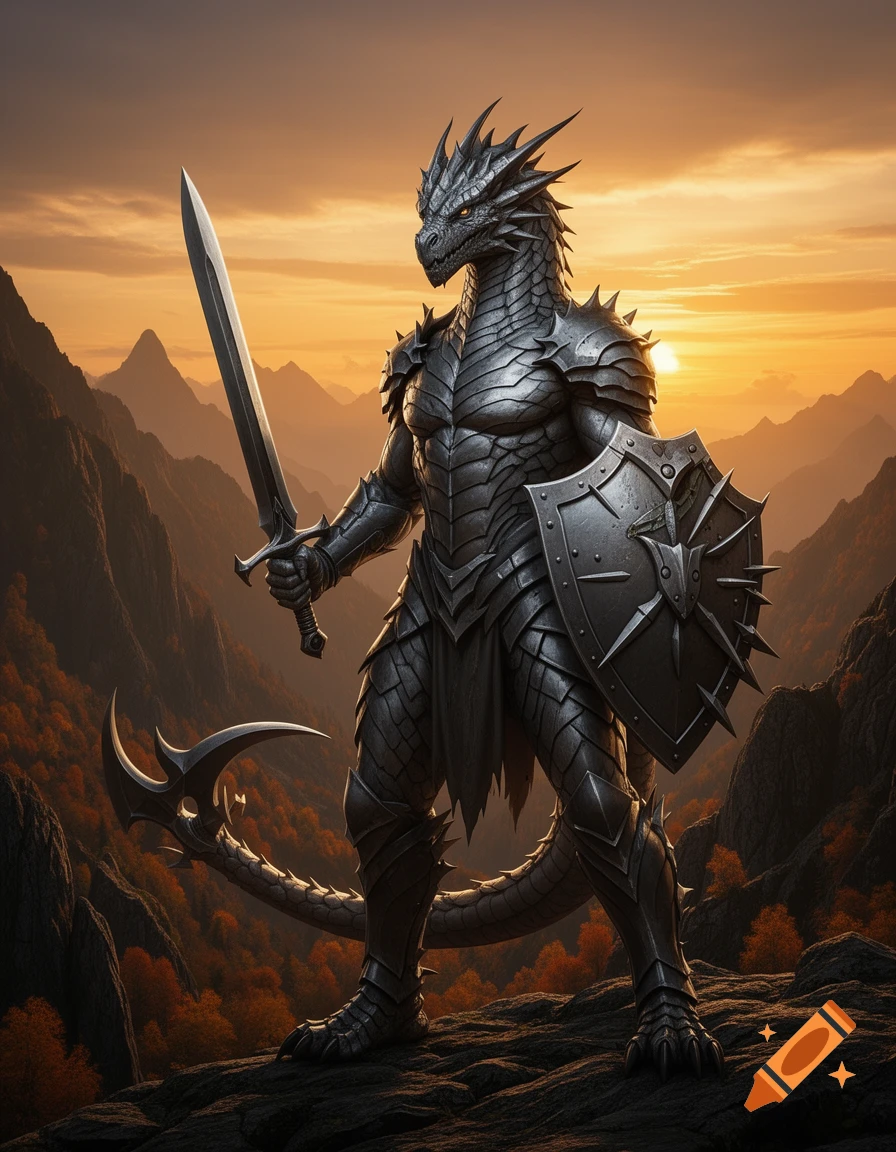 A detailed steel dragonborn warrior in gunmetal scales stands on a mountain peak at sunset, holding a broad sword and spiked shield. His tail ends in a scythe blade.