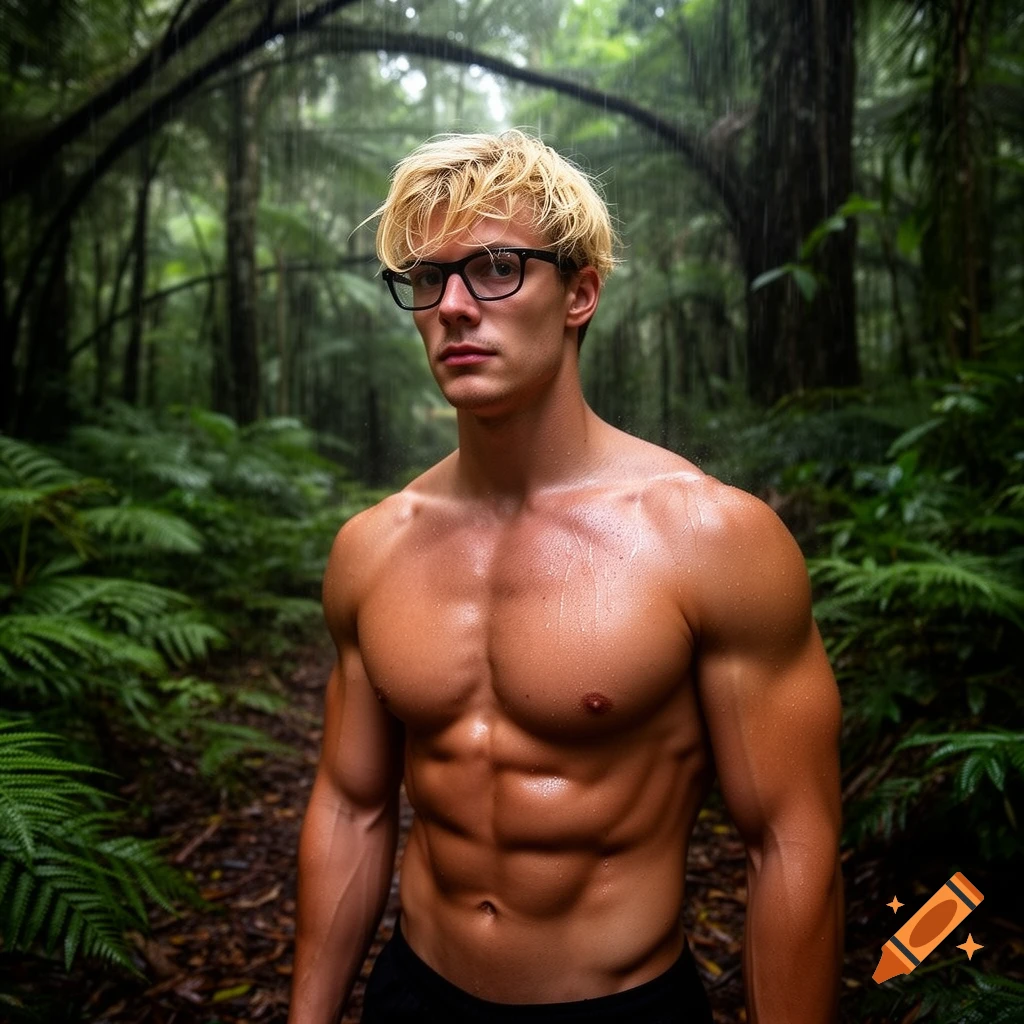 A muscular, blonde man with glasses, shirtless and sweaty, stands in a lush, green rainforest.