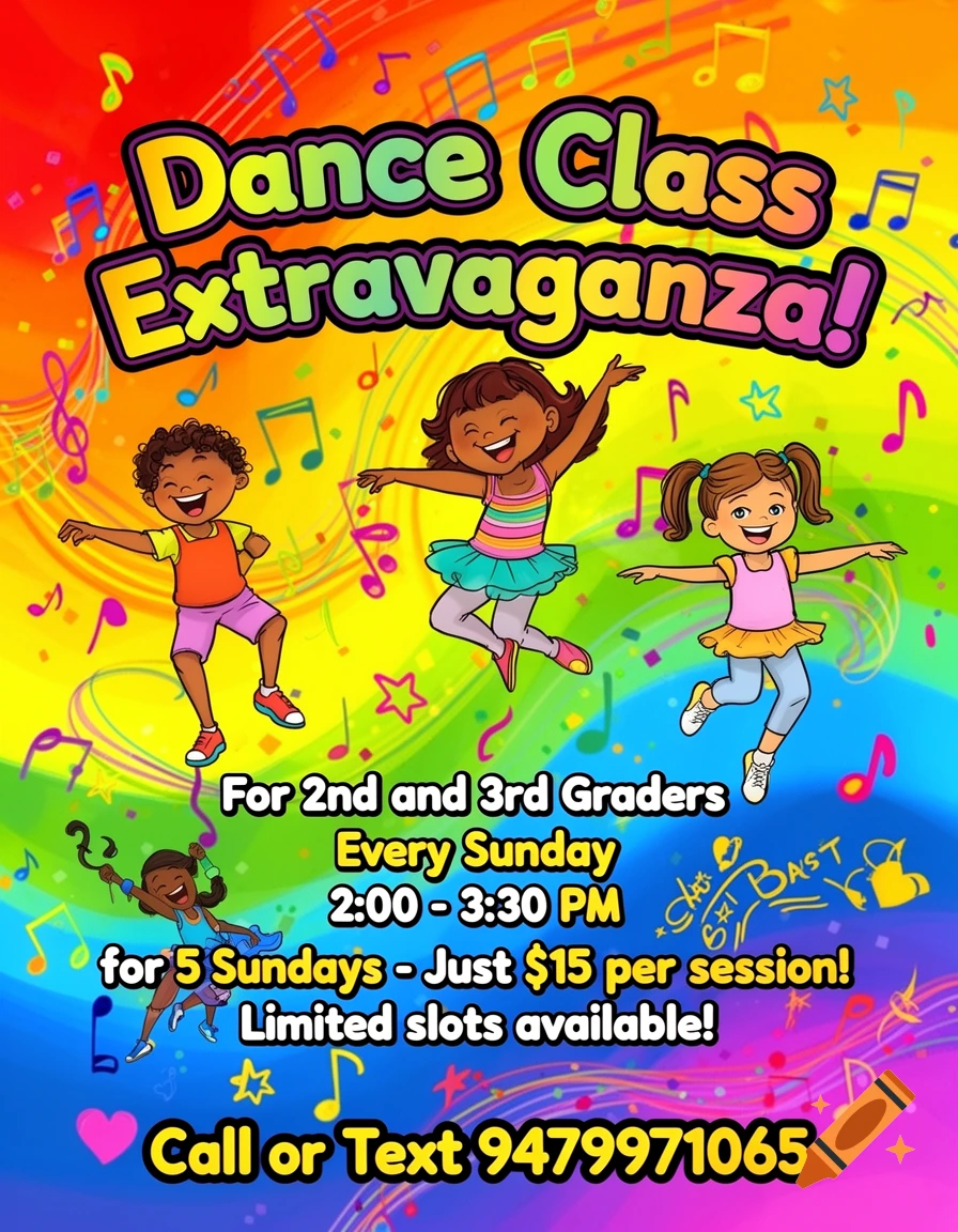 A colorful cartoon flyer for a "Dance Class Extravaganza!" with happy children dancing, featuring class details for 2nd and 3rd graders and a contact number.
