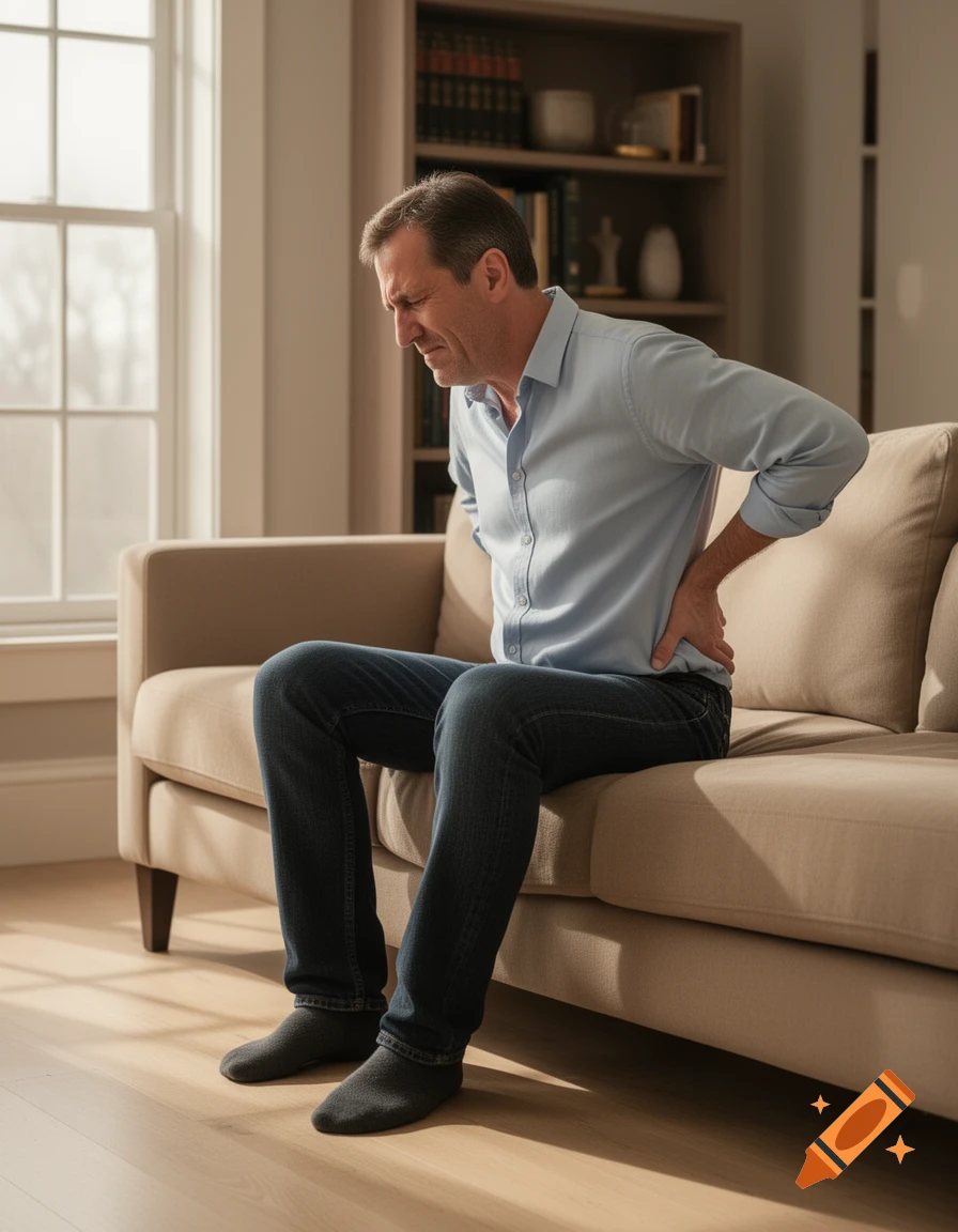 A man sits on a couch, holding his lower back in discomfort, indicating back pain, in a modern living room.