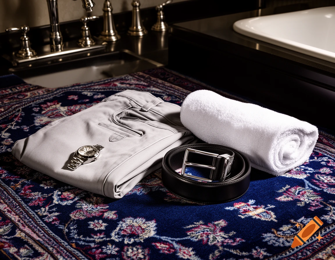 Folded light grey pants with a silver watch, black belt, and a rolled white towel on a patterned blue rug in a bathroom setting.