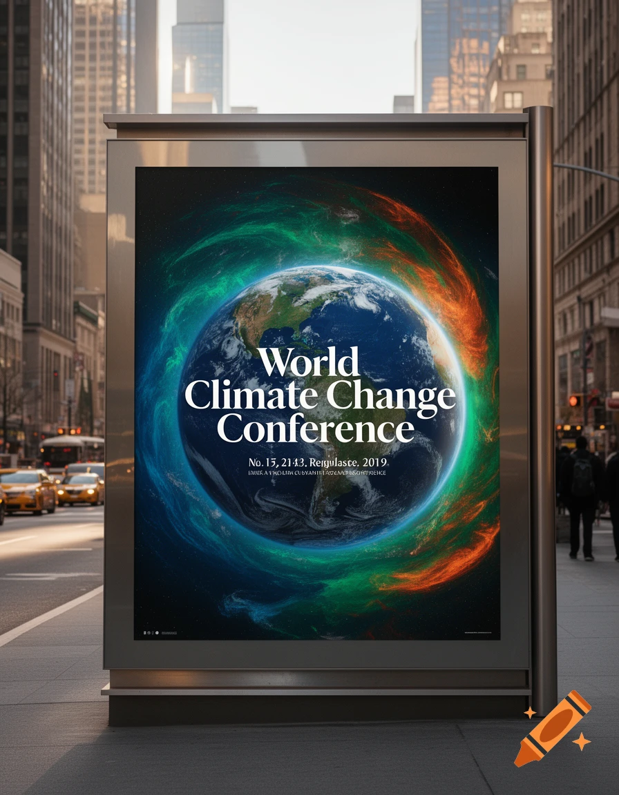 A photorealistic poster for the "World Climate Change Conference" featuring Earth with swirling green and orange energy, displayed on a billboard in a sunny city street.