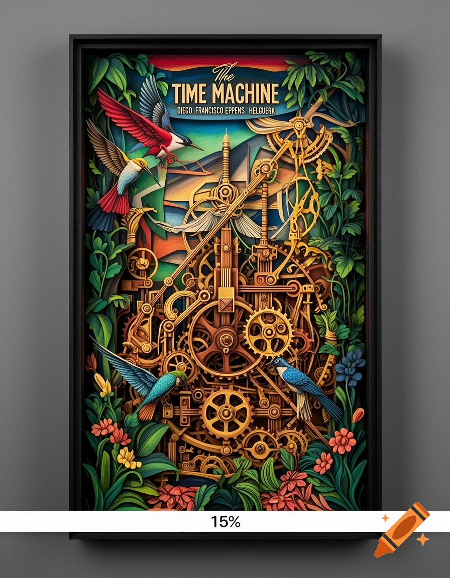 An intricate, colorful illustration of a 'Time Machine' book cover in a paper-cut diorama style, featuring golden gears, lush foliage, and flying birds.