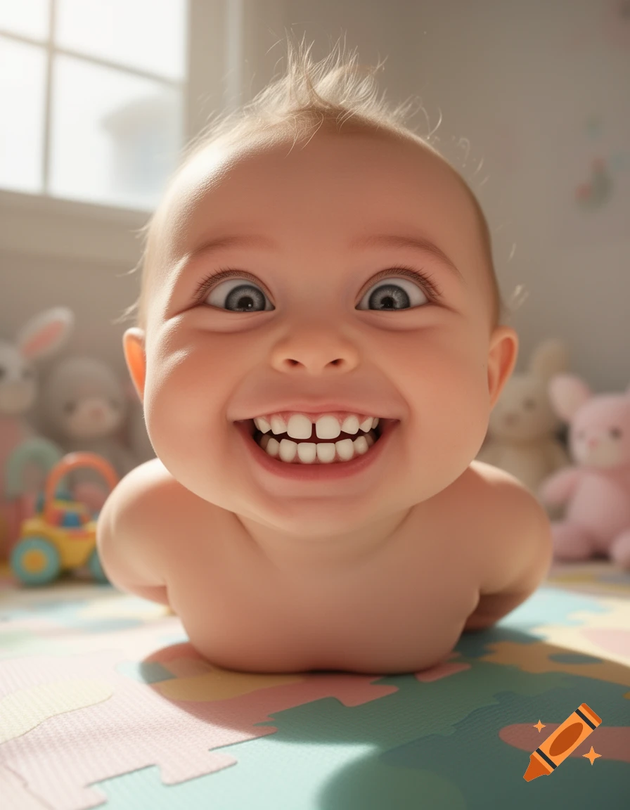 A wide-eyed baby with oversized teeth laughs on a colorful play mat.
