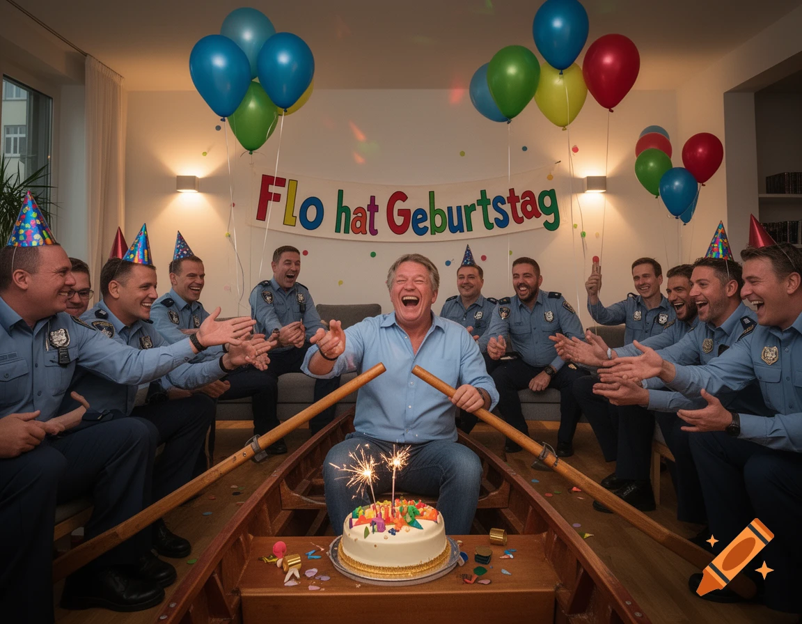 A man in a boat celebrates his birthday with a cake, sparklers, and balloons, surrounded by laughing policemen in uniform.