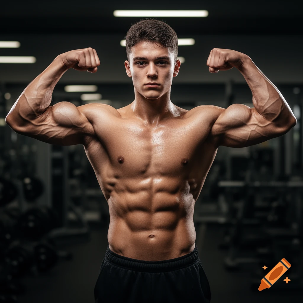 A muscular young man, shirtless in a gym, flexes his biceps, showing off his defined physique in a photorealistic style.