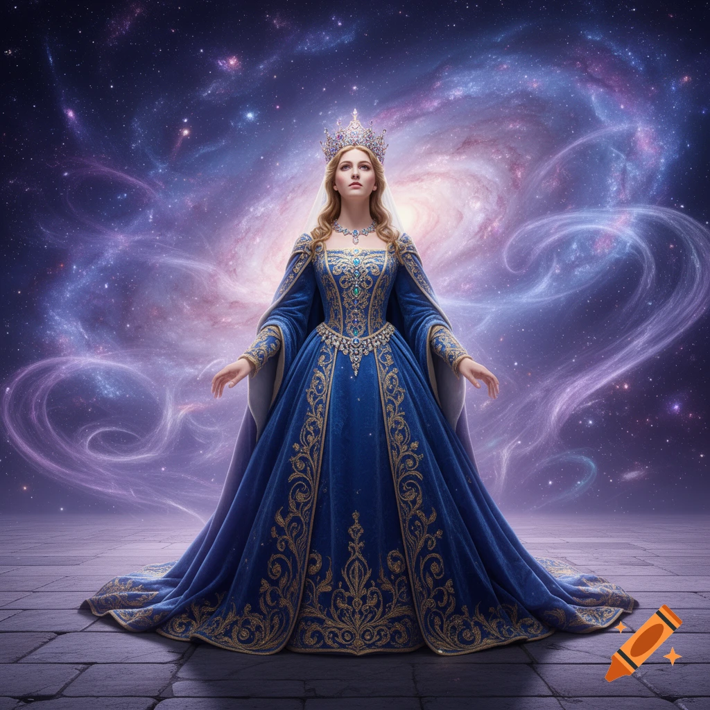 A regal woman in an ornate blue and gold gown with a crown stands on a stone floor, looking up at a swirling purple galaxy.